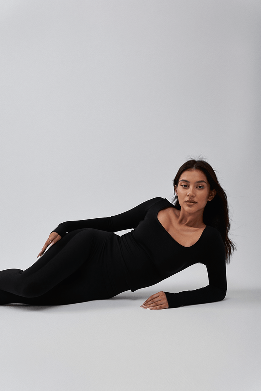 Soft Square Neck Long Sleeve Top - Black - tjuso