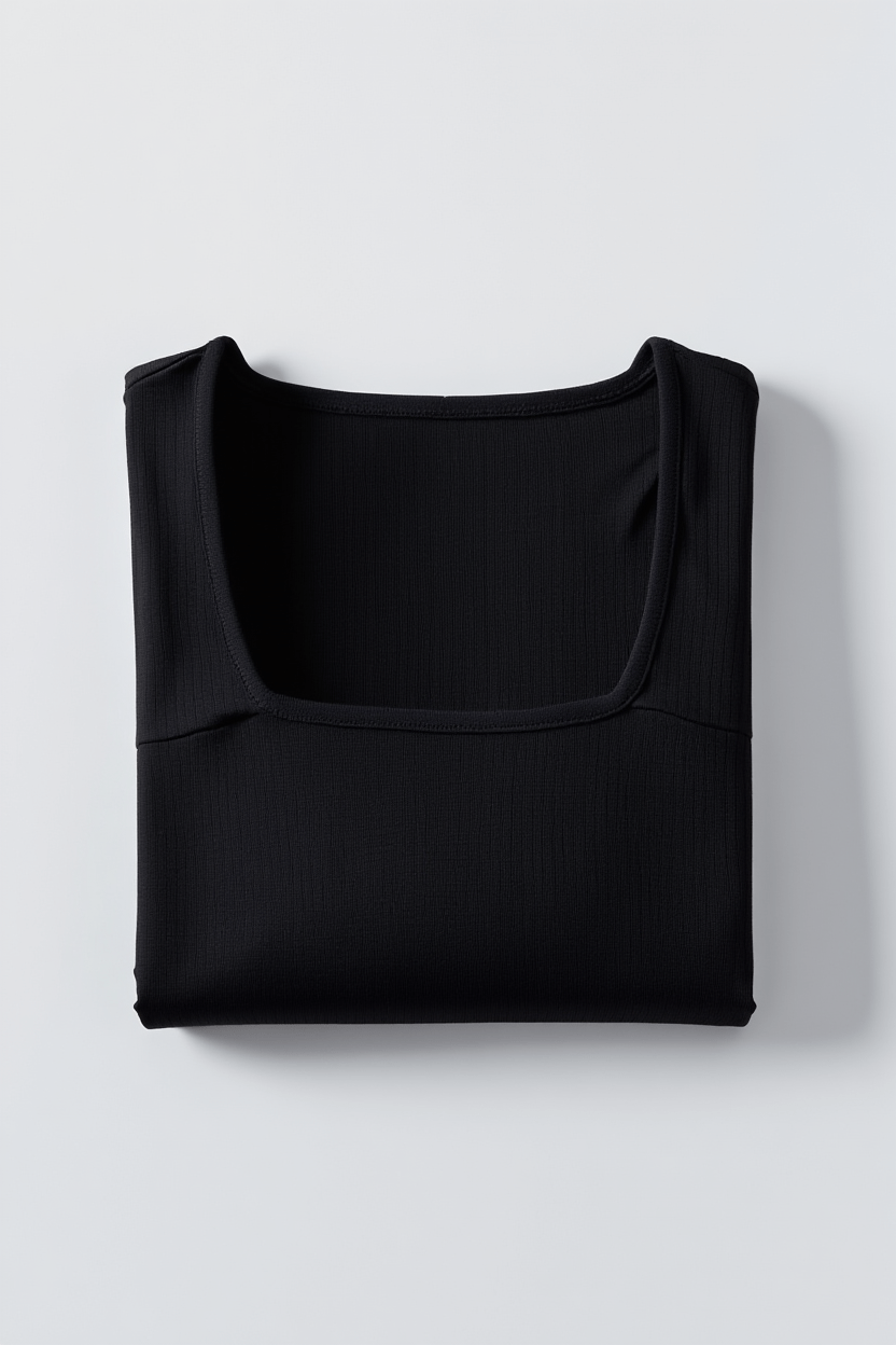 Soft Square Neck Long Sleeve Top - Black - tjuso